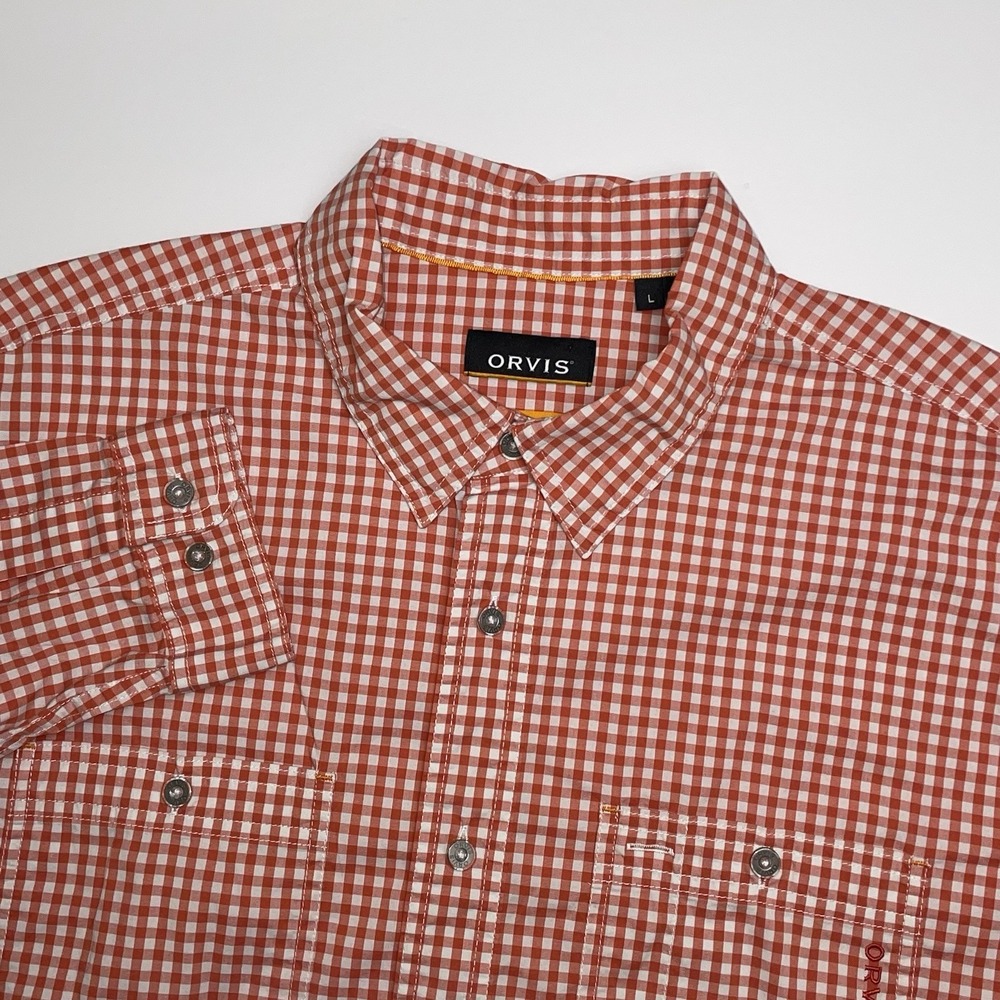 Orvis Active Fit Shirt Mens Large Orange Gingham Check Fishing Performance Nylon